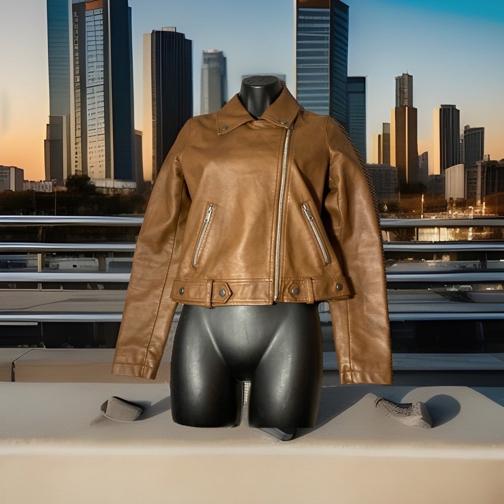 Coffee Shop Faux leather Moto Jacket Womens Crop Size Small Brown - Picture 2 of 8